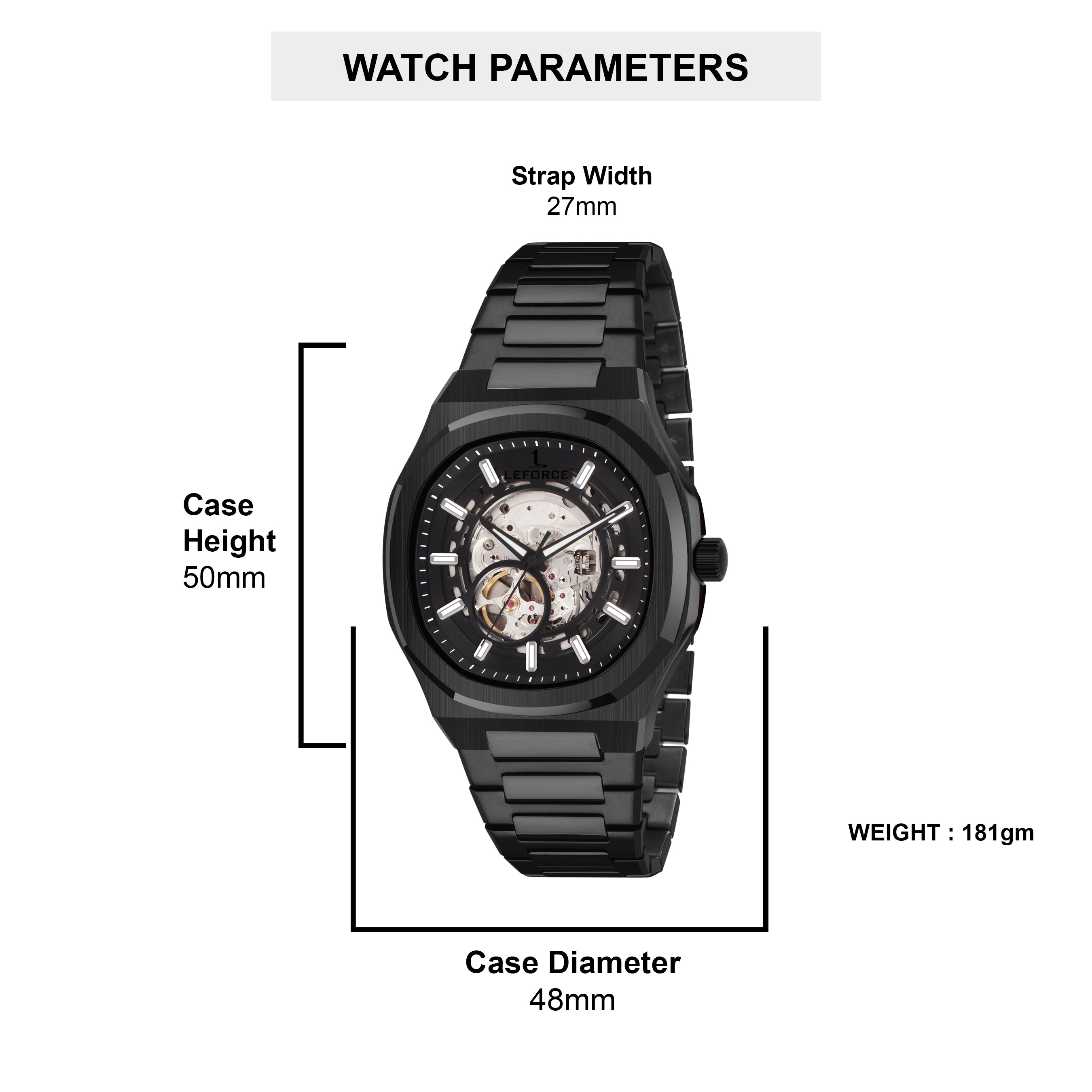 LEFORCE Men's Automatic Open Heart Watch – EP247NM (Black)